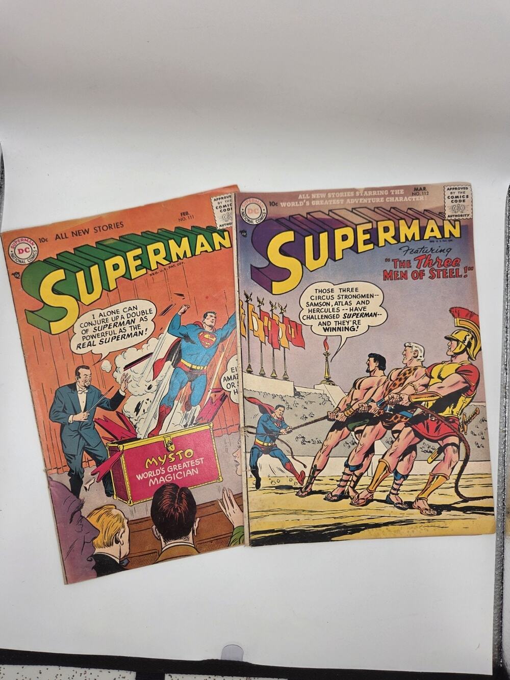 Lot 2 Superman #111, 1957 Mysto Greatest Magician & #112 Three Men of Steel 1957